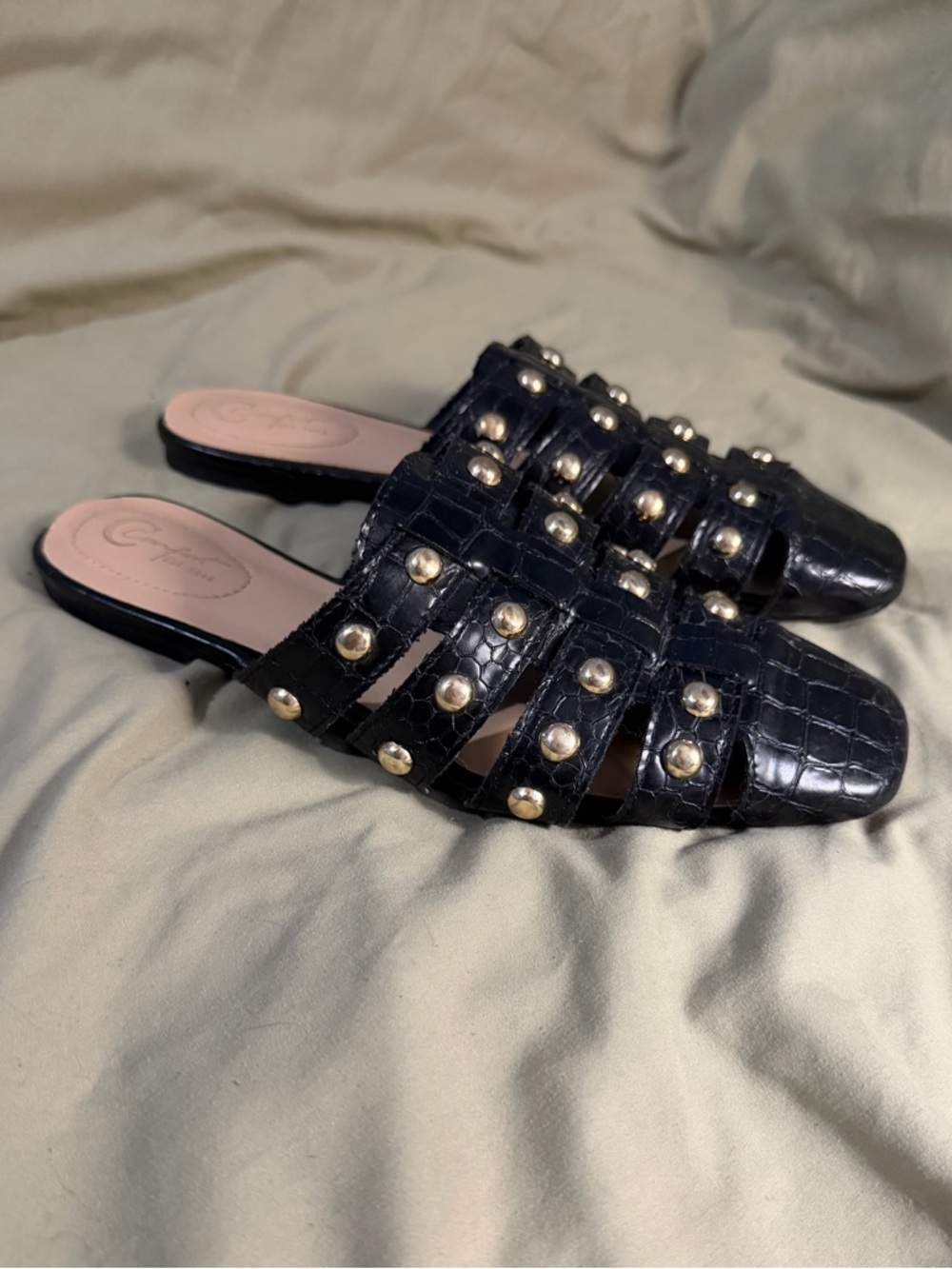 Black Studded Croc-Embossed Mule - Women Shoes Mules & Clogs